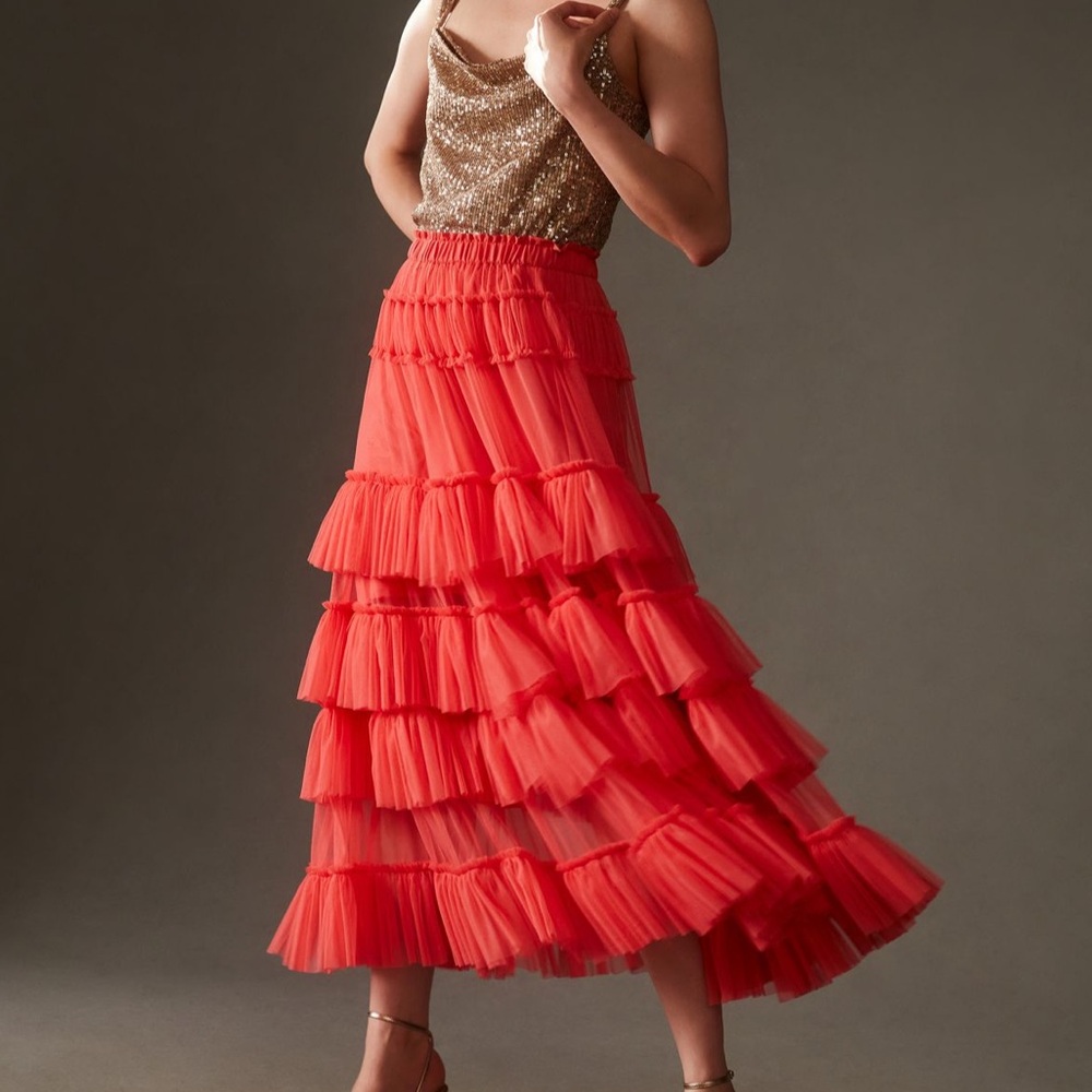 Anthropologie Tiered Pink Tulle Skirt